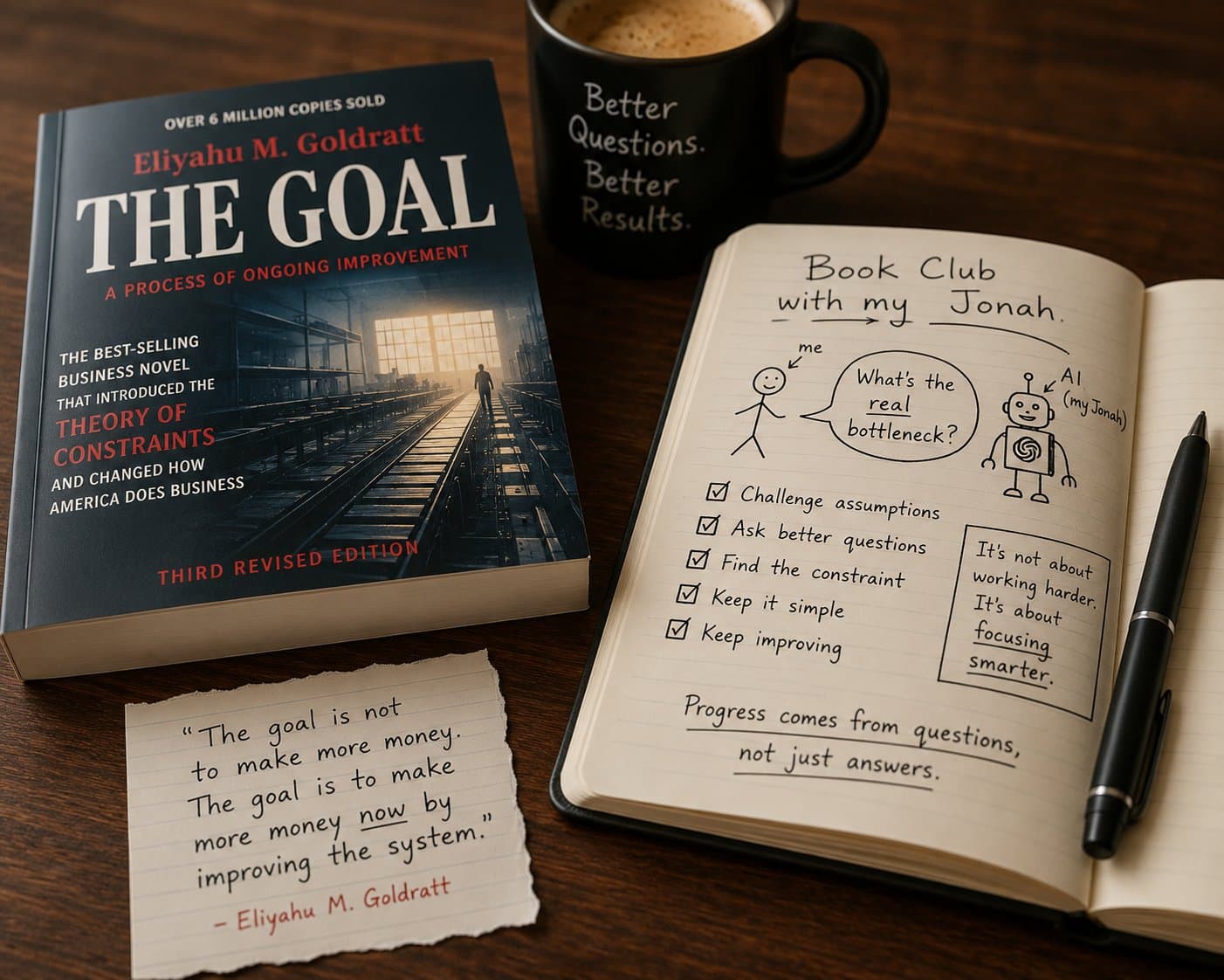 The Goal by Eliyahu Goldratt next to a notebook sketch titled 'Book Club with my Jonah'